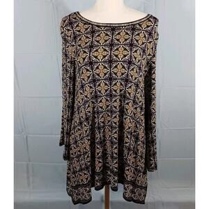 Max Edition Tunic Women Medium 3/4 Sleeve Black Geometric Handkerchief Hem Rayon